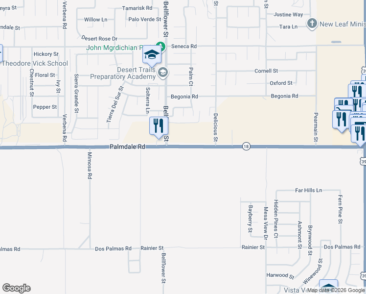 map of restaurants, bars, coffee shops, grocery stores, and more near 11402 Palmdale Road in Victorville