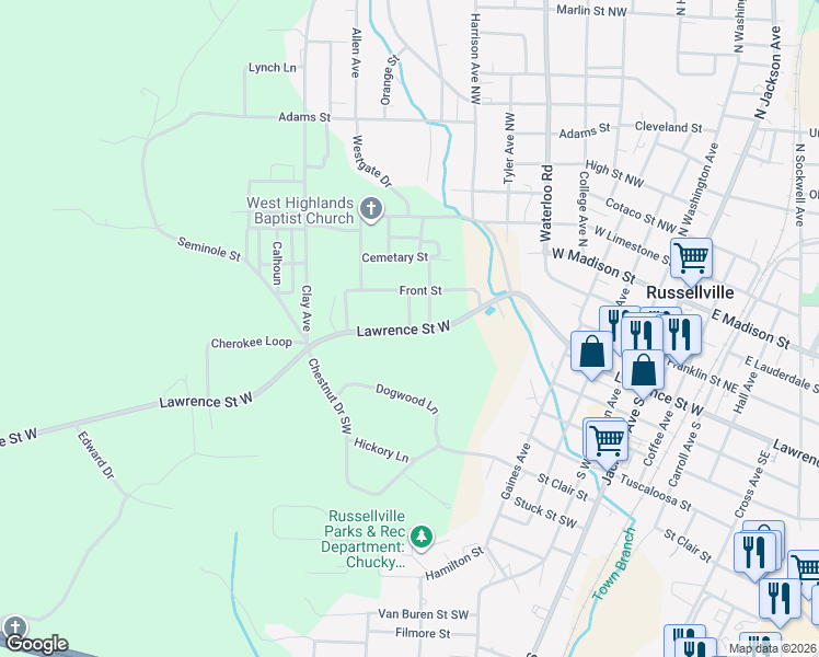 map of restaurants, bars, coffee shops, grocery stores, and more near 62 Bibb Avenue in Russellville