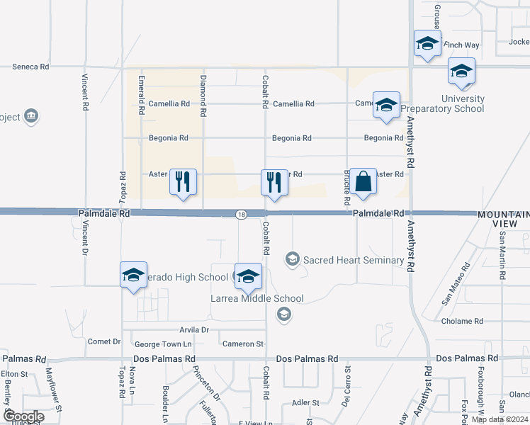 map of restaurants, bars, coffee shops, grocery stores, and more near Palmdale Rd & Cobalt Rd in Victorville