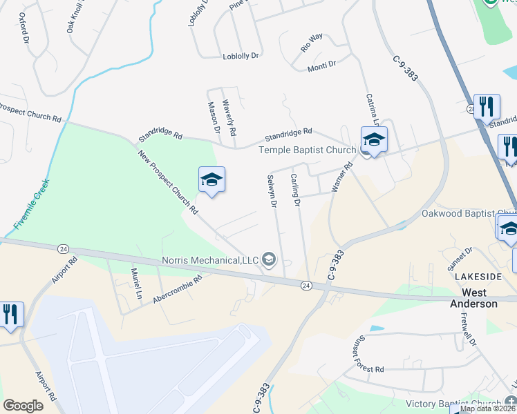 map of restaurants, bars, coffee shops, grocery stores, and more near 117 Selwyn Drive in Anderson