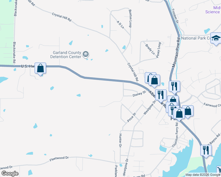 map of restaurants, bars, coffee shops, grocery stores, and more near 3421 Albert Pike Road in Hot Springs