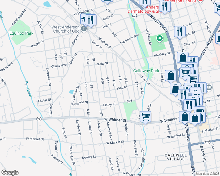 map of restaurants, bars, coffee shops, grocery stores, and more near 310 F Street in Anderson