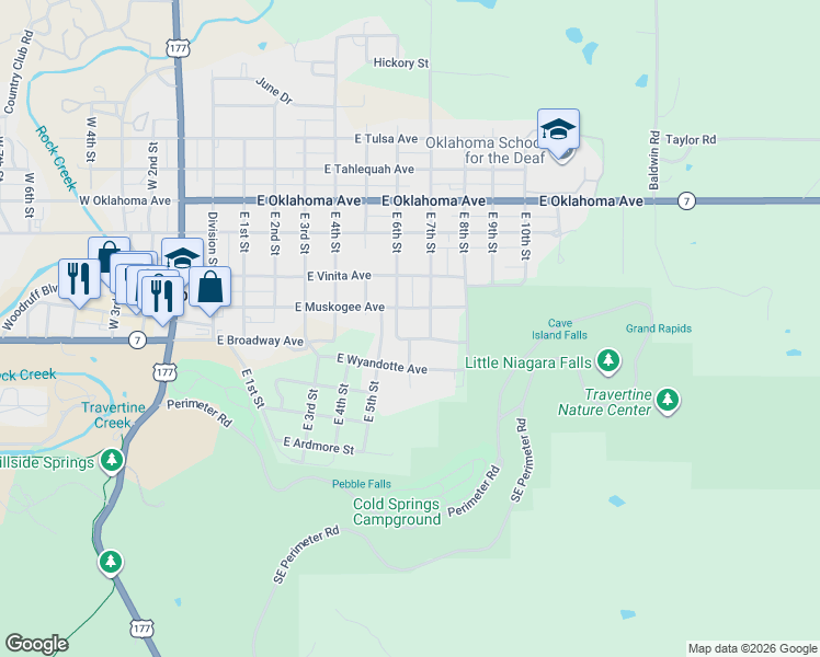 map of restaurants, bars, coffee shops, grocery stores, and more near 601 East Muskogee Avenue in Sulphur