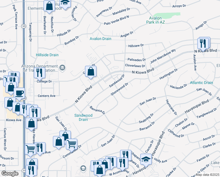 map of restaurants, bars, coffee shops, grocery stores, and more near 2215 Sandwood Drive in Lake Havasu City
