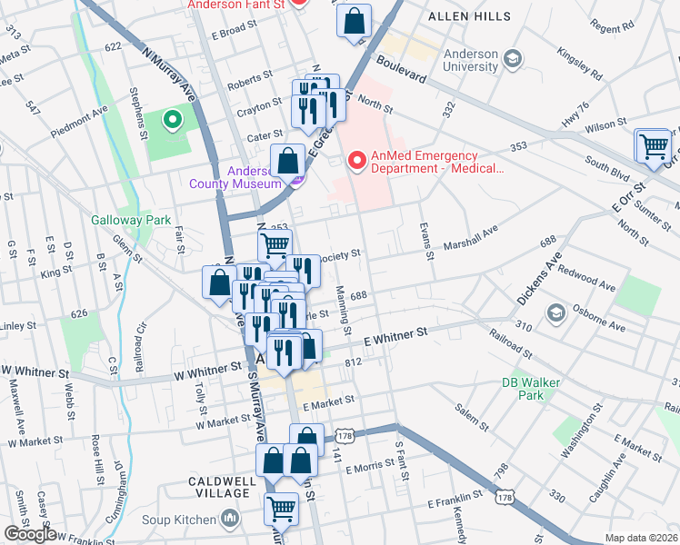 map of restaurants, bars, coffee shops, grocery stores, and more near 310 East Society Street in Anderson