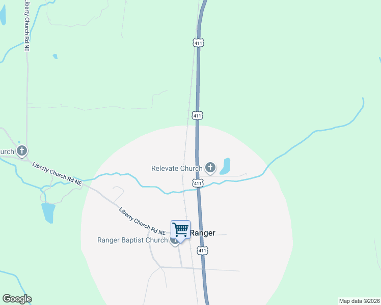 map of restaurants, bars, coffee shops, grocery stores, and more near 338 U.S. 411 in Ranger