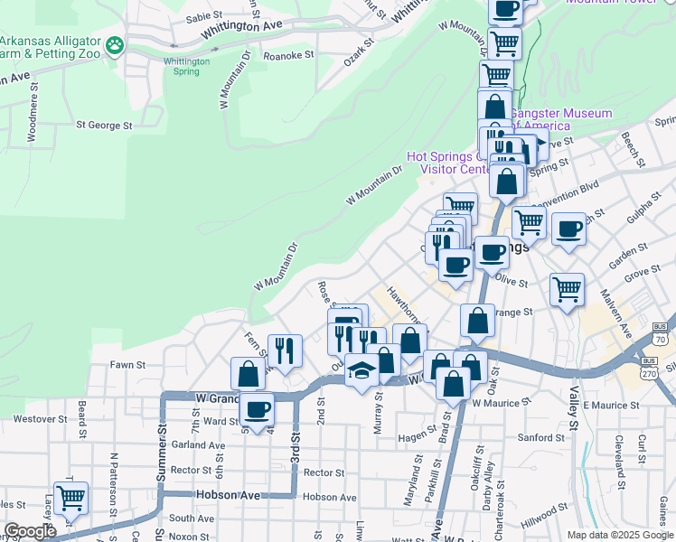 map of restaurants, bars, coffee shops, grocery stores, and more near 502 Prospect Avenue in Hot Springs