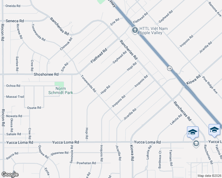 map of restaurants, bars, coffee shops, grocery stores, and more near 14074 Hopi Road in Apple Valley