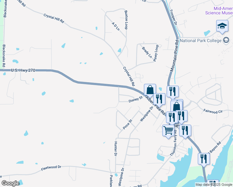 map of restaurants, bars, coffee shops, grocery stores, and more near 17 Albert Pike Road in Piney