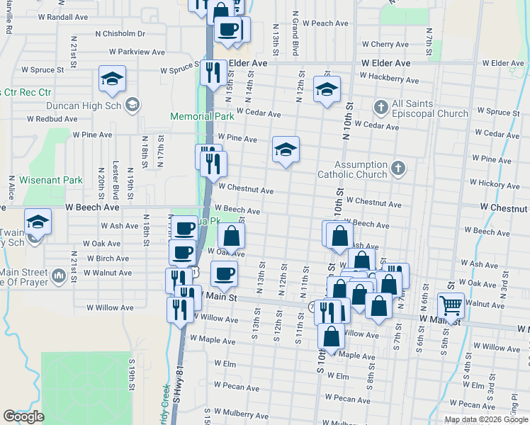map of restaurants, bars, coffee shops, grocery stores, and more near 1216 Chestnut Avenue in Duncan