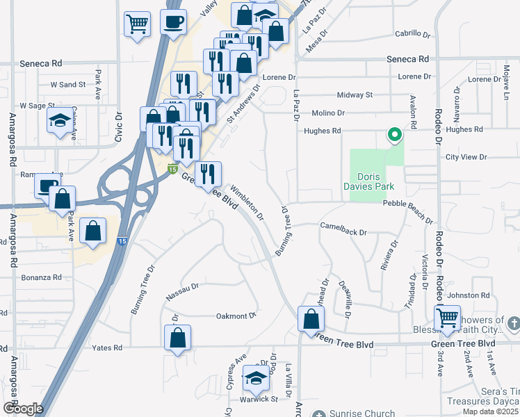 map of restaurants, bars, coffee shops, grocery stores, and more near 14075 Wimbleton Drive in Victorville