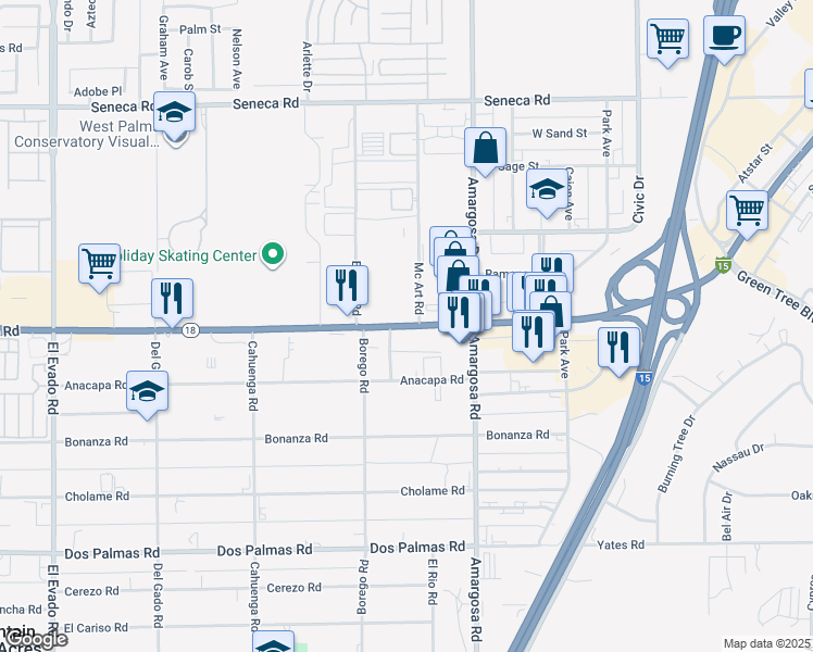 map of restaurants, bars, coffee shops, grocery stores, and more near Palmdale Road in Victorville