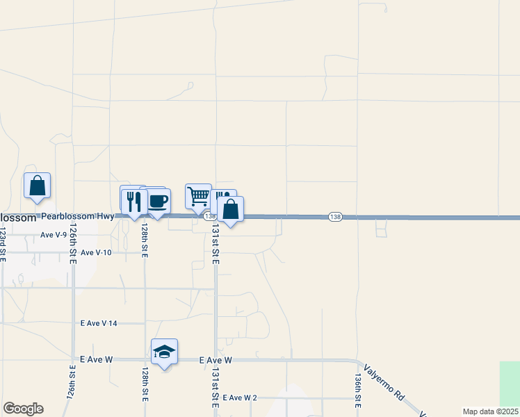 map of restaurants, bars, coffee shops, grocery stores, and more near Pearblossom Highway in Littlerock