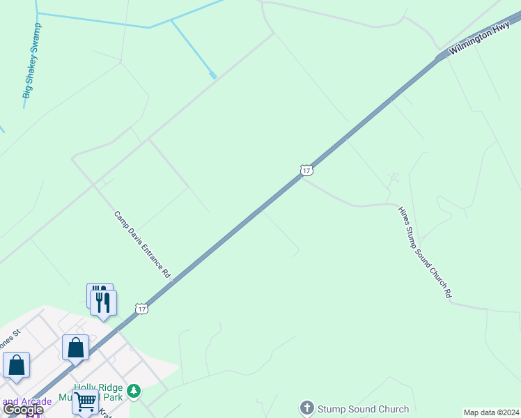 map of restaurants, bars, coffee shops, grocery stores, and more near U.S. 17 in Holly Ridge