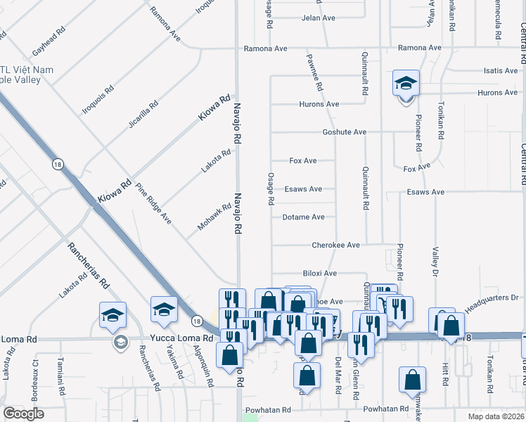map of restaurants, bars, coffee shops, grocery stores, and more near 14074 Osage Road in Apple Valley
