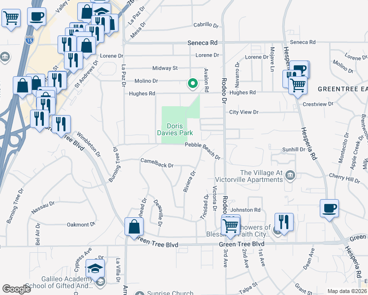 map of restaurants, bars, coffee shops, grocery stores, and more near 16321 Pebble Beach Drive in Victorville