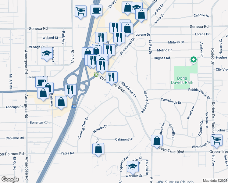 map of restaurants, bars, coffee shops, grocery stores, and more near 14144 Green Tree Boulevard in Victorville