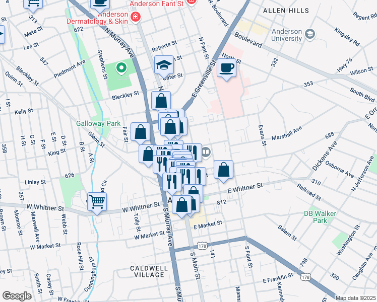 map of restaurants, bars, coffee shops, grocery stores, and more near 509 North McDuffie Street in Anderson