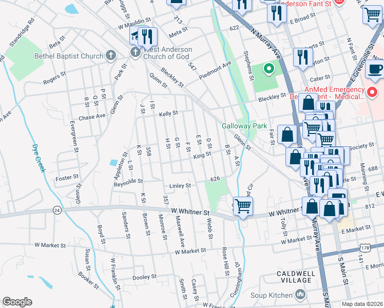 map of restaurants, bars, coffee shops, grocery stores, and more near 310 F Street in Anderson