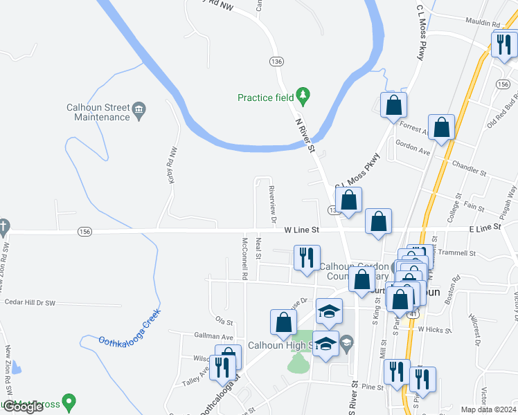 map of restaurants, bars, coffee shops, grocery stores, and more near 161 Riverview Drive in Calhoun