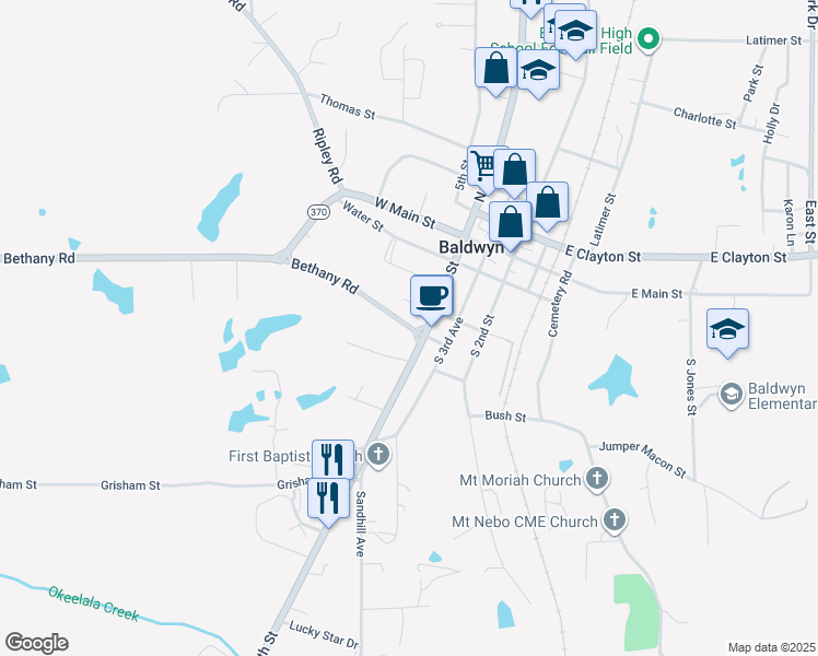 map of restaurants, bars, coffee shops, grocery stores, and more near 319 West Lee Street in Baldwyn