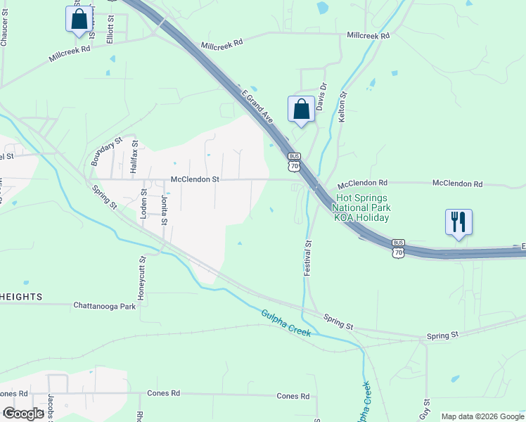 map of restaurants, bars, coffee shops, grocery stores, and more near 724 McClendon Street in Hot Springs