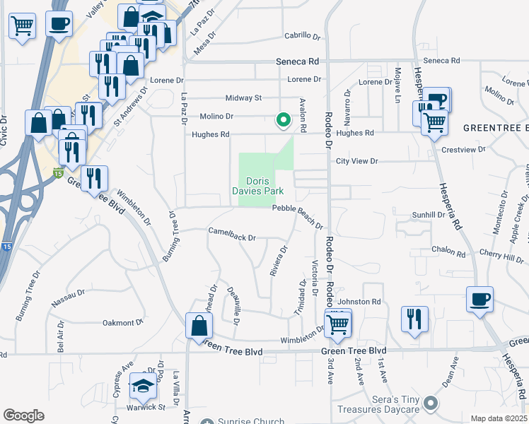 map of restaurants, bars, coffee shops, grocery stores, and more near 16321 Pebble Beach Drive in Victorville