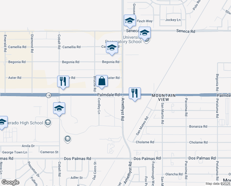 map of restaurants, bars, coffee shops, grocery stores, and more near 13612 Palmdale Road in Victorville