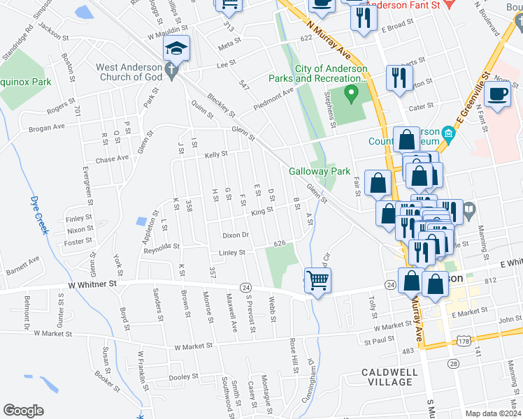 map of restaurants, bars, coffee shops, grocery stores, and more near 300E King Street in Anderson