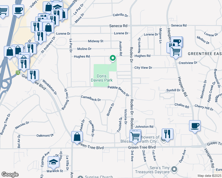 map of restaurants, bars, coffee shops, grocery stores, and more near 16365 Pebble Beach Drive in Victorville