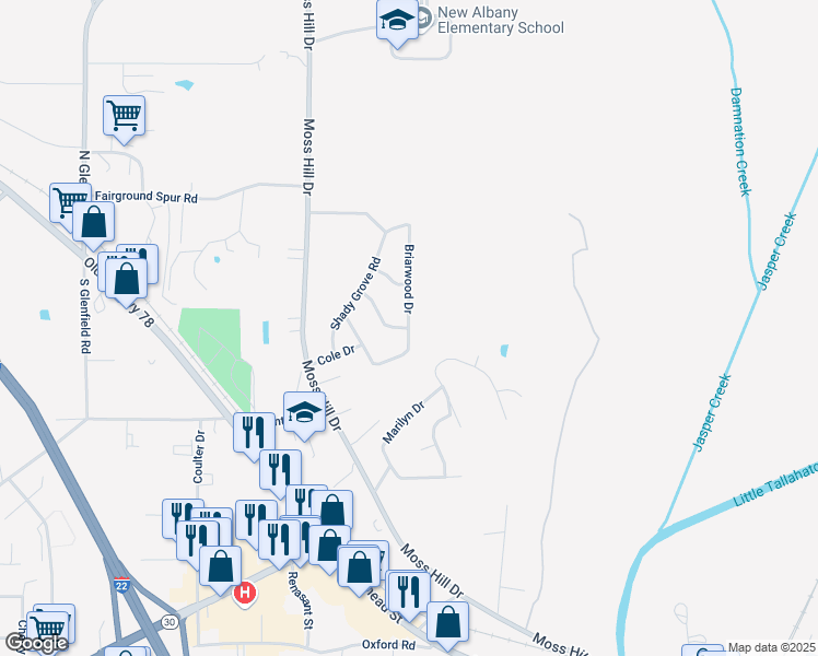 map of restaurants, bars, coffee shops, grocery stores, and more near 501 Briarwood Drive in New Albany