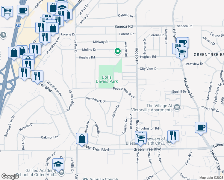 map of restaurants, bars, coffee shops, grocery stores, and more near 16321 Pebble Beach Drive in Victorville