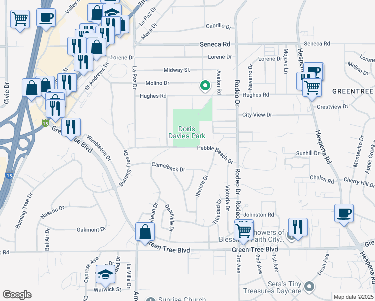 map of restaurants, bars, coffee shops, grocery stores, and more near 16305 Pebble Beach Drive in Victorville