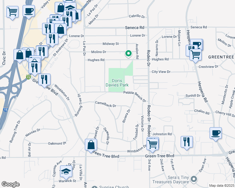 map of restaurants, bars, coffee shops, grocery stores, and more near 16305 Pebble Beach Drive in Victorville