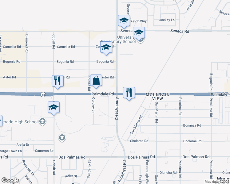 map of restaurants, bars, coffee shops, grocery stores, and more near 14176 Amethyst Road in Victorville