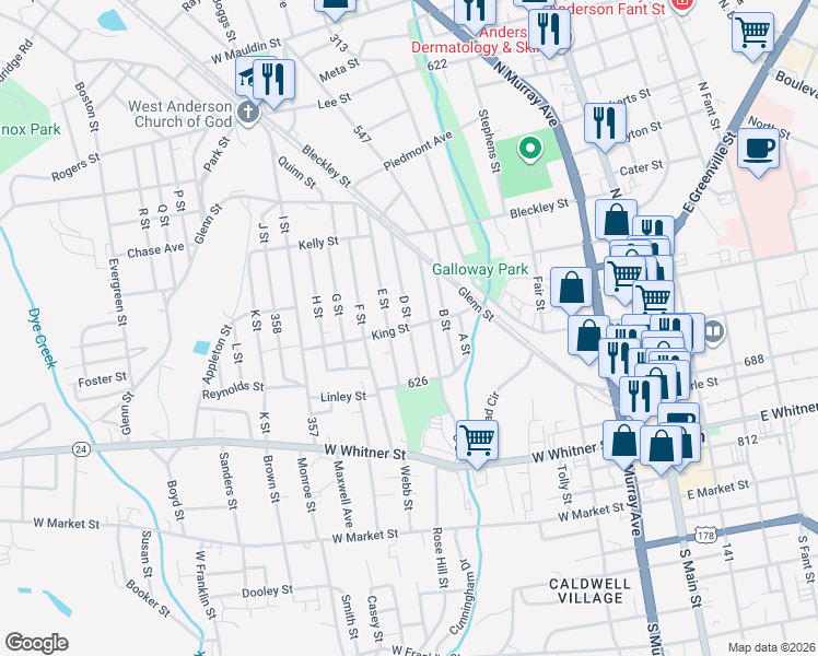 map of restaurants, bars, coffee shops, grocery stores, and more near 299 D Street in Anderson