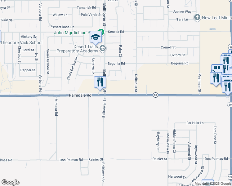map of restaurants, bars, coffee shops, grocery stores, and more near 14210 High Point Court in Adelanto