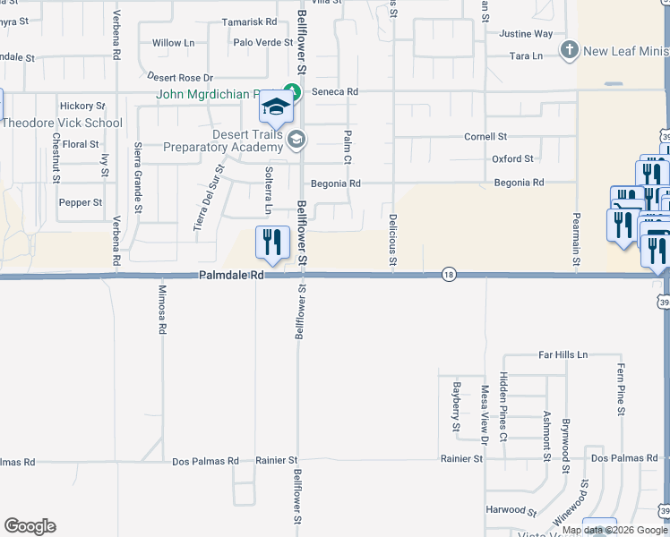 map of restaurants, bars, coffee shops, grocery stores, and more near Palmdale Road in Adelanto