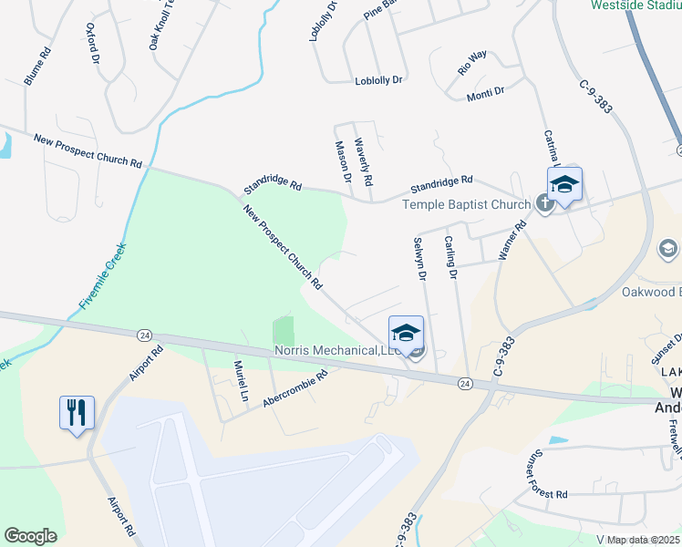 map of restaurants, bars, coffee shops, grocery stores, and more near 126 New Prospect Church Road in Anderson
