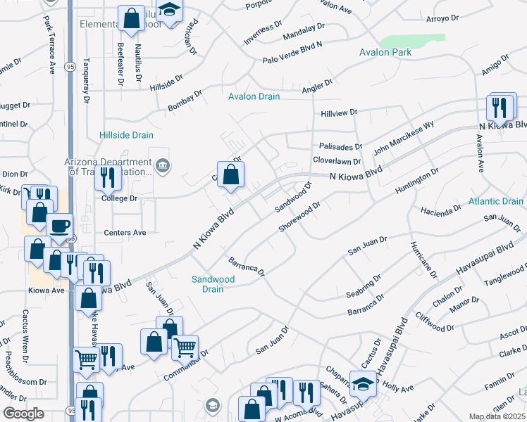 map of restaurants, bars, coffee shops, grocery stores, and more near 2215 Sandwood Drive in Lake Havasu City