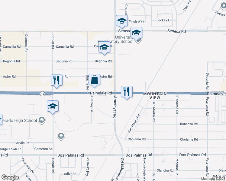 map of restaurants, bars, coffee shops, grocery stores, and more near 14176 Amethyst Road in Victorville