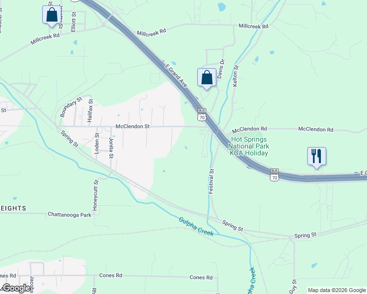map of restaurants, bars, coffee shops, grocery stores, and more near 724 McClendon Street in Hot Springs