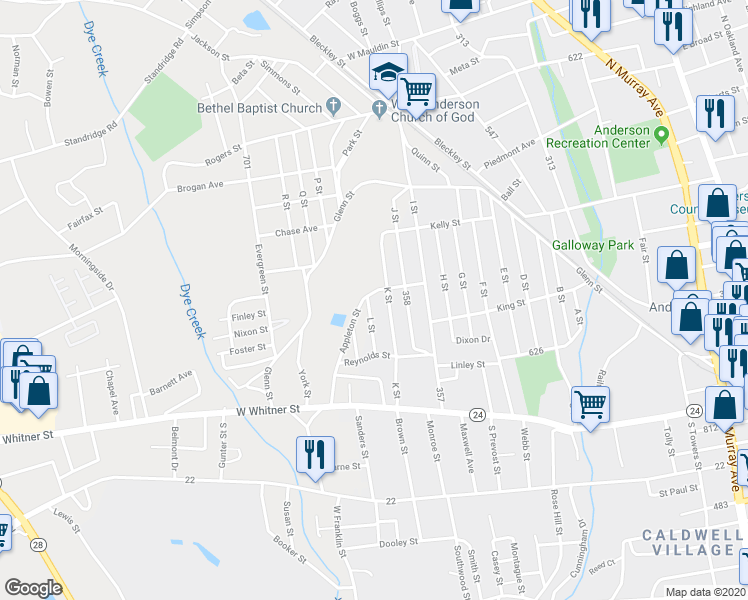 map of restaurants, bars, coffee shops, grocery stores, and more near 254 L Street in Anderson