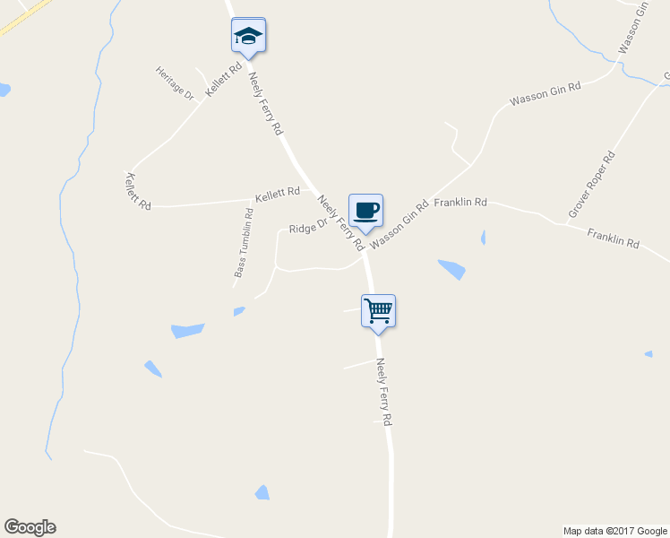 map of restaurants, bars, coffee shops, grocery stores, and more near 382 Ridge Drive in Laurens