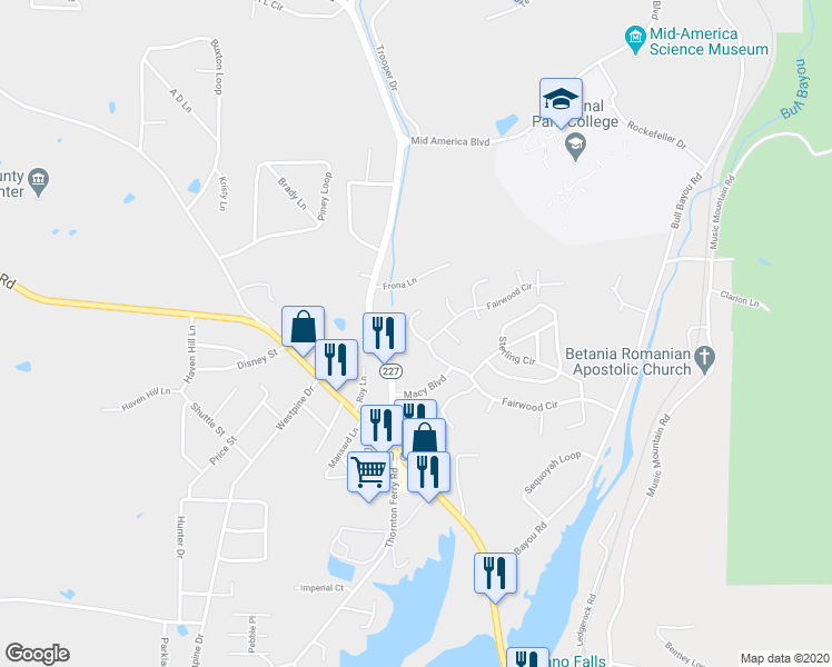 map of restaurants, bars, coffee shops, grocery stores, and more near 107 Squire Court in Piney