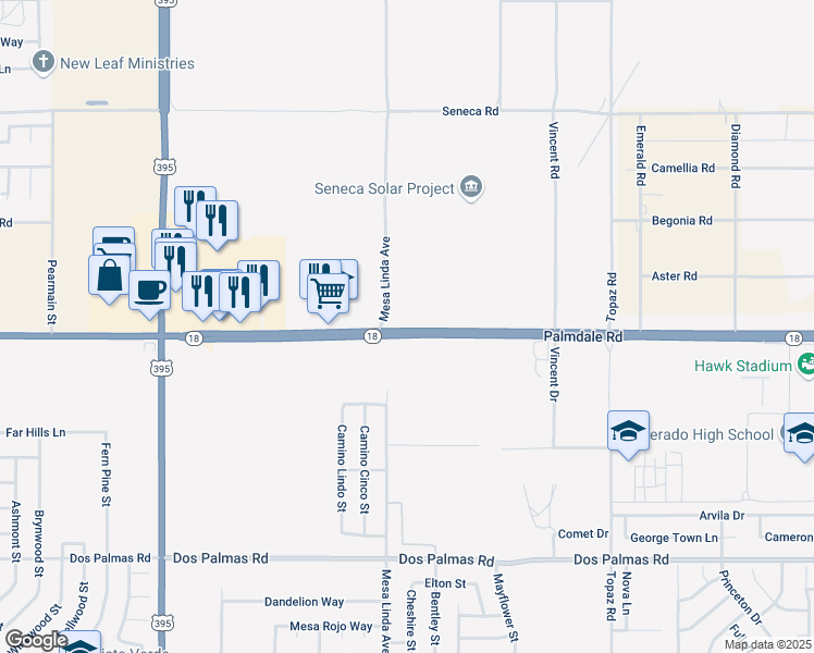 map of restaurants, bars, coffee shops, grocery stores, and more near Palmdale Road in Victorville