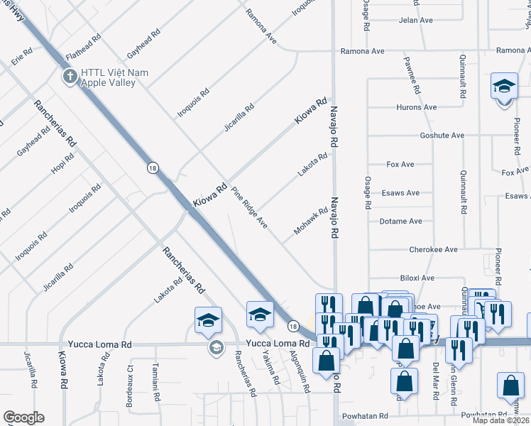 map of restaurants, bars, coffee shops, grocery stores, and more near 21460 Pine Ridge Avenue in Apple Valley