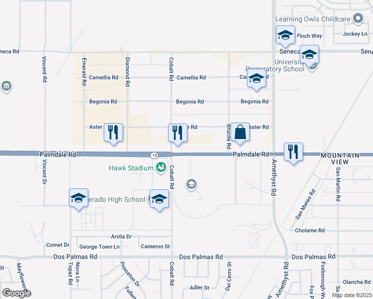 map of restaurants, bars, coffee shops, grocery stores, and more near Palmdale Road in Victorville