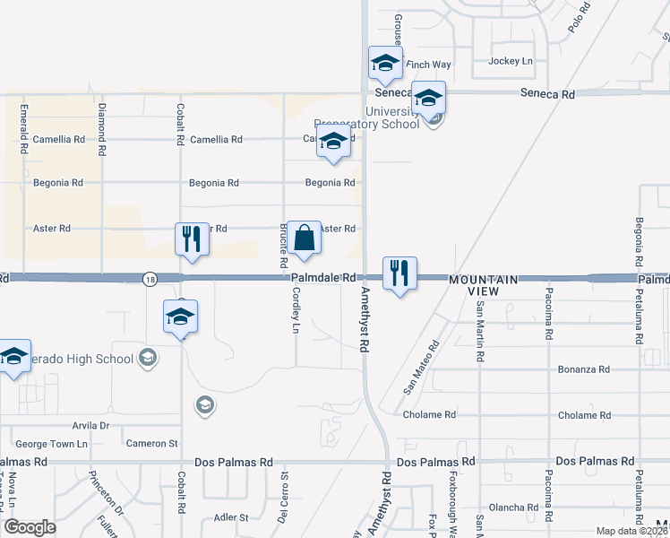 map of restaurants, bars, coffee shops, grocery stores, and more near 13612 Palmdale Road in Victorville
