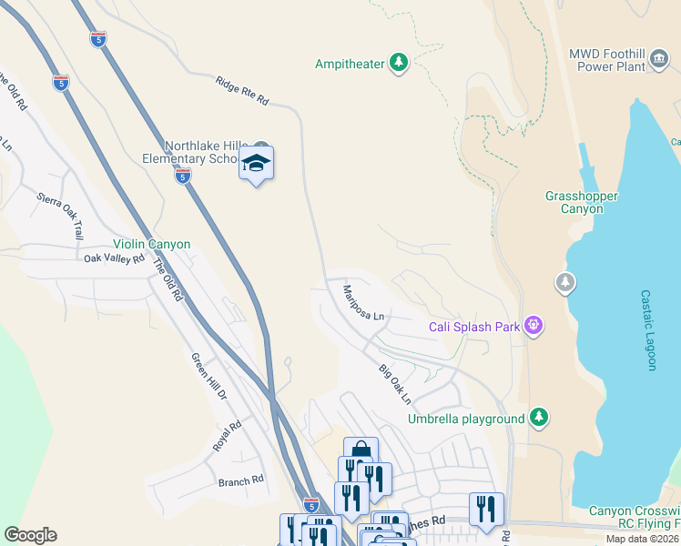 map of restaurants, bars, coffee shops, grocery stores, and more near 27853 Pine Crest Place in Castaic